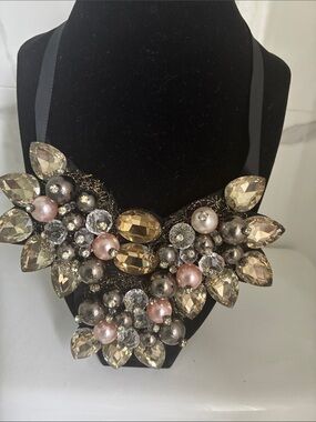 BCBGMaxAzria Pink and Gray Pearls and Gold Crystal Floral Bib Necklace